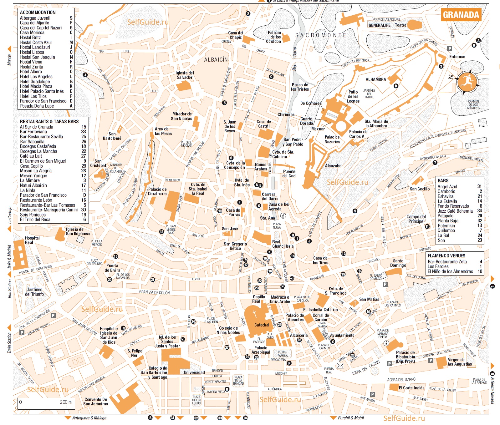 Туристическая карта Гранады c отмеченными достопримечательностями