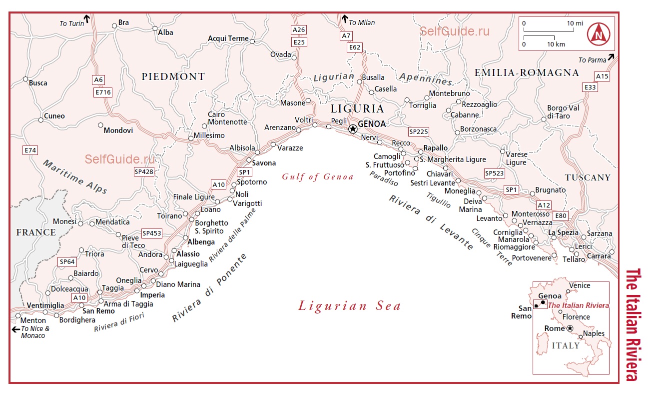 Окрестности Генуи - лигурийское побережье - Генуя (Genua), Лигурия, Италия - достопримечательности, туристический маршрут с картой, путеводитель по Генуе ти Италии. Расписание транспорта в Генуе.