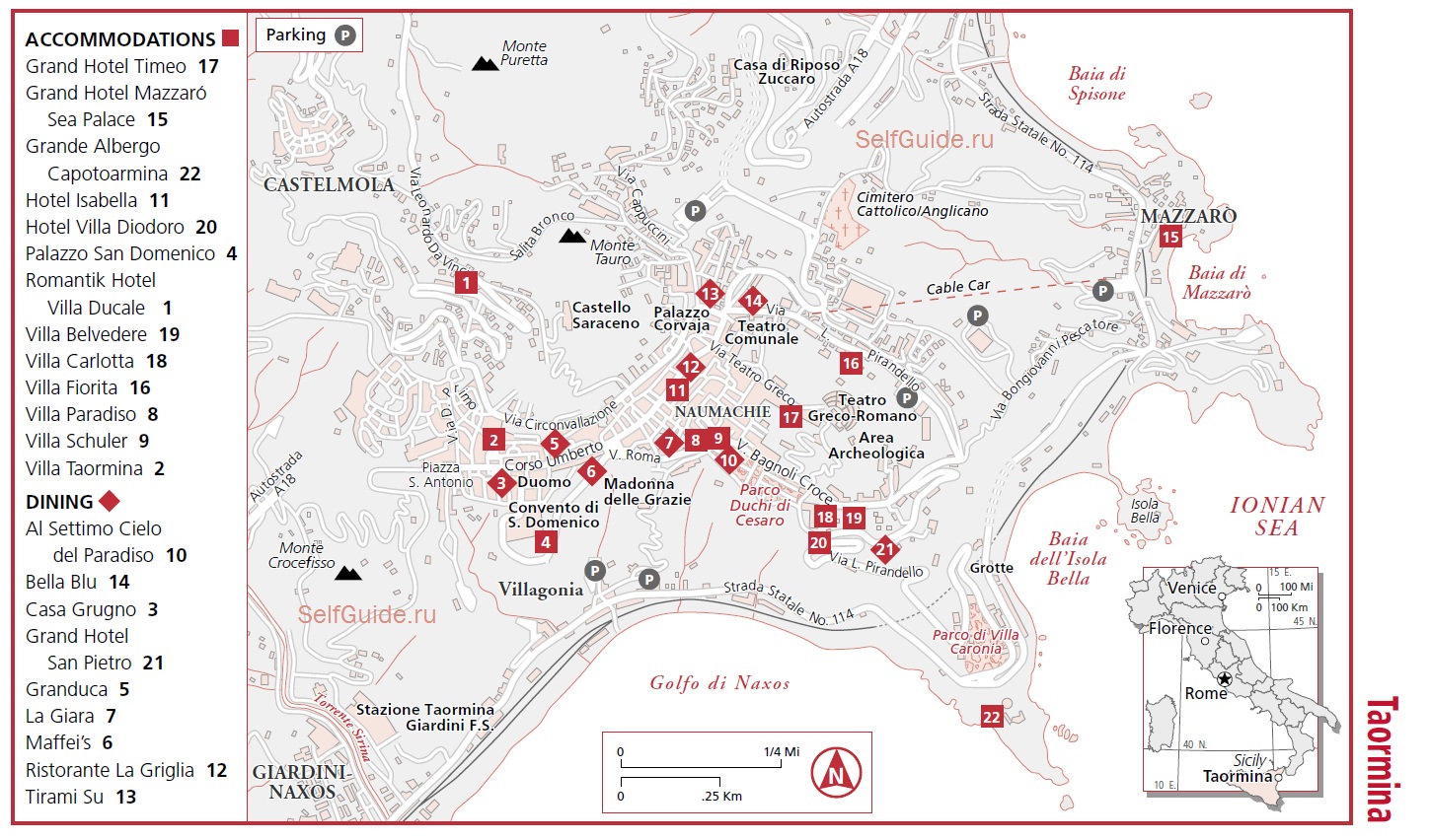 Карта города Таормина, достопримечательности таормины на карте