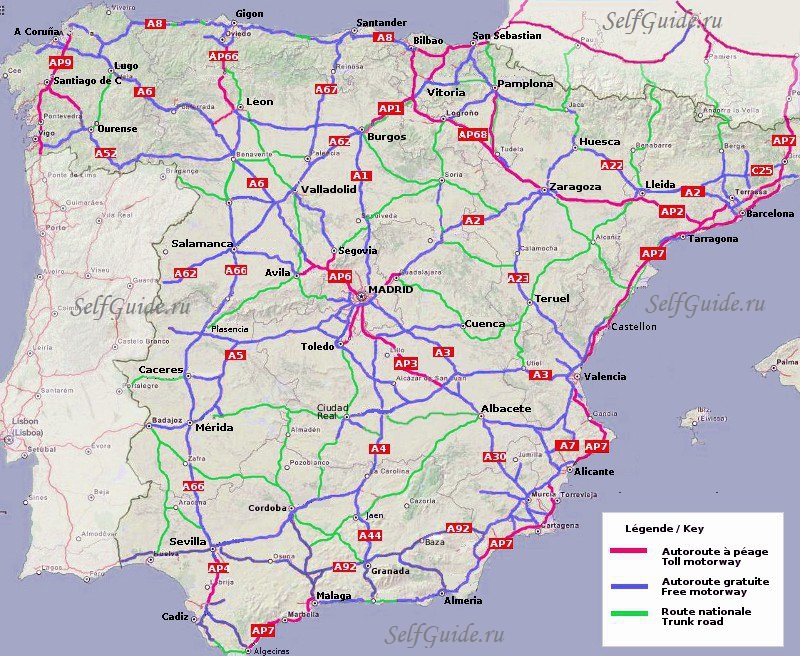 Автобаны в Испании, карта платных дорог в Испании, шоссе в Испании