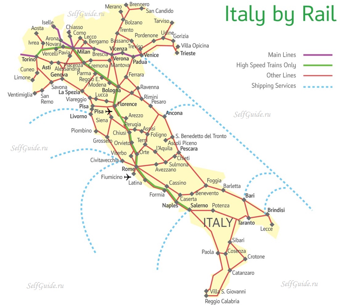 Карта железных дорог в Италии Как добраться на поезде в Пизу - расписание поездов в Пизу, карта маршрутов поездов по Италии - путеводитель по городу Пиза и Италии.