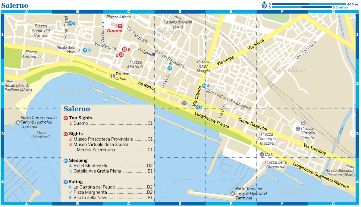 Салерно, побережье Амальфи, Италия - туристическая карта, путеводитель по городу