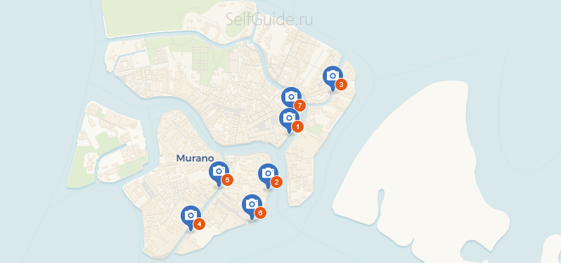 Карта острова Мурано с отмеченными достопримечательностями